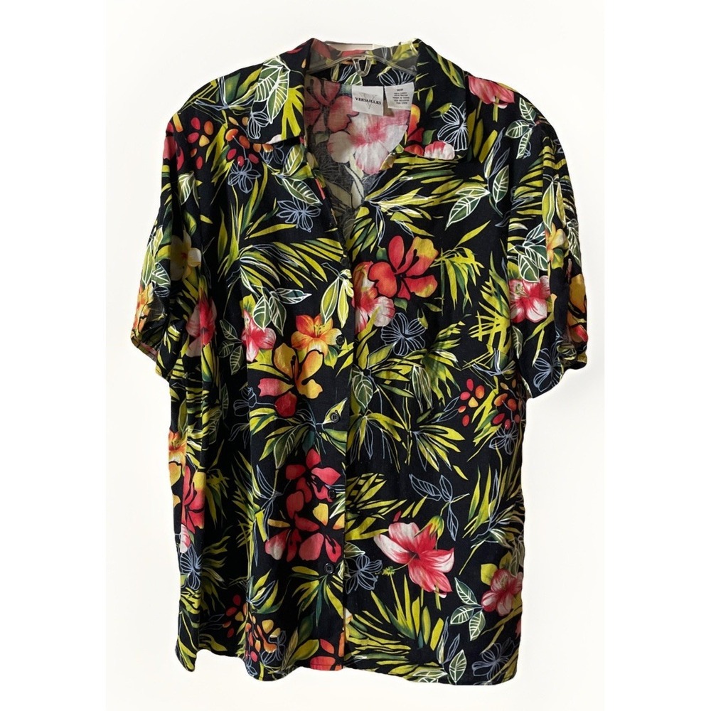 Versailles Vintage Linen‎ Blend Short Sleeve Hawaiian Shirt Women's Size Large